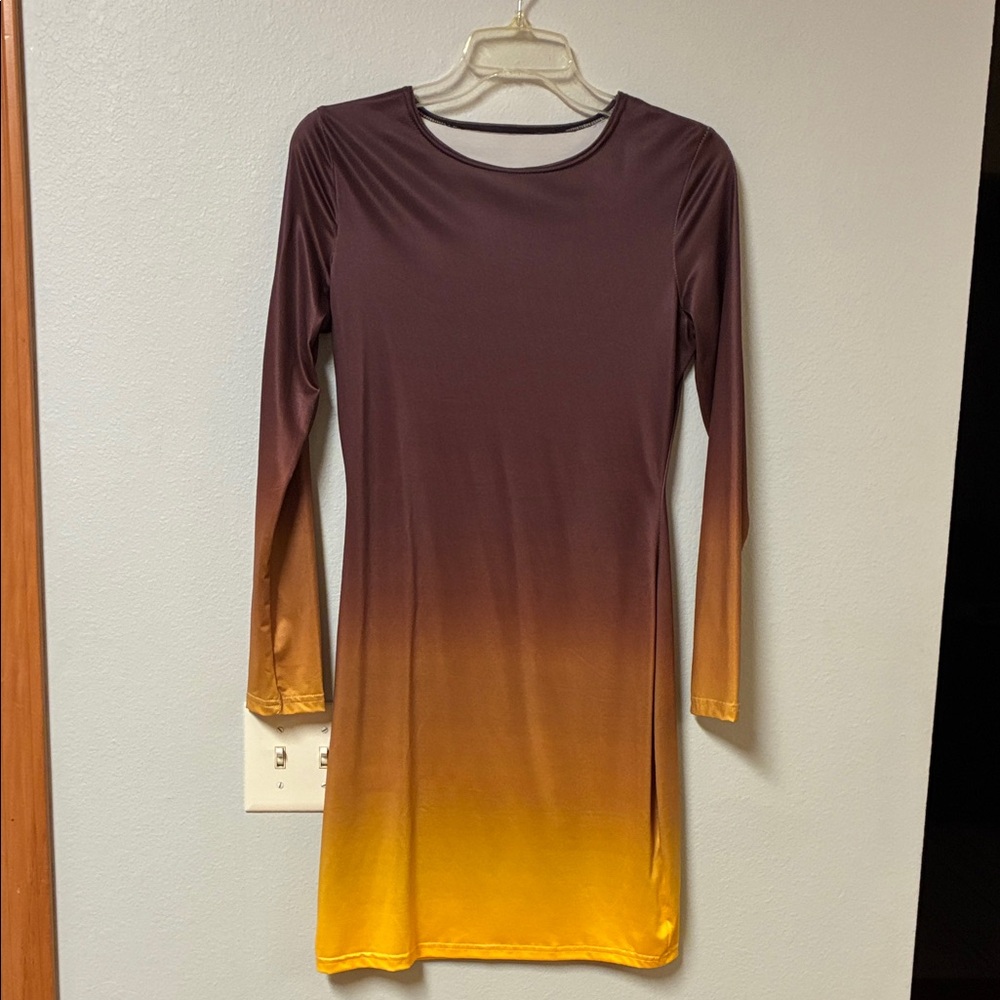Ombre Long-Sleeve Bodycon Dress - Brown to Mustard